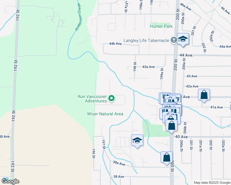 map of restaurants, bars, coffee shops, grocery stores, and more near 19683 42 Avenue in Langley
