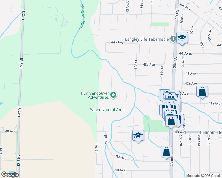 map of restaurants, bars, coffee shops, grocery stores, and more near 19637 42 Avenue in Langley City