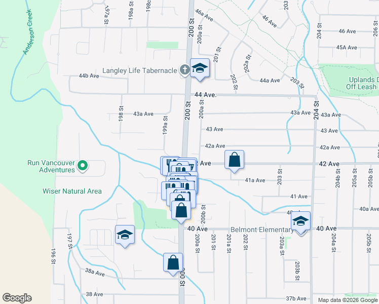 map of restaurants, bars, coffee shops, grocery stores, and more near 4223 200A Street in Langley