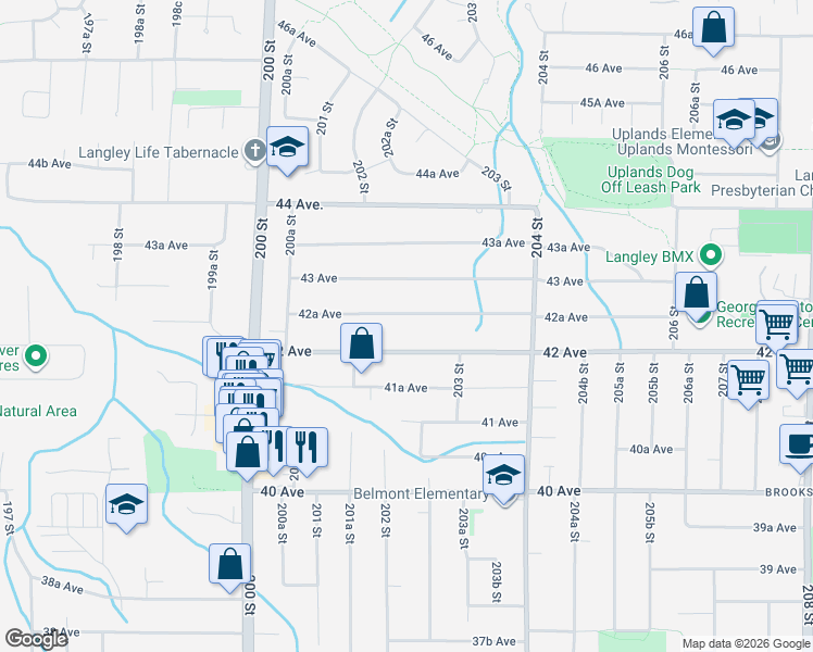 map of restaurants, bars, coffee shops, grocery stores, and more near 20218 42A Avenue in Langley