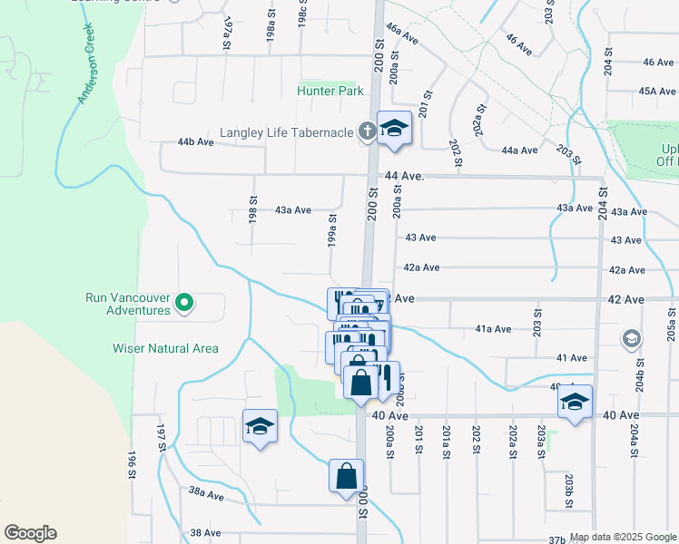 map of restaurants, bars, coffee shops, grocery stores, and more near 4226 199A Street in Langley