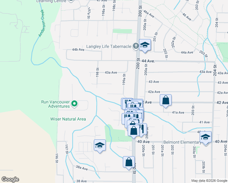 map of restaurants, bars, coffee shops, grocery stores, and more near 19889 42A Avenue in Langley