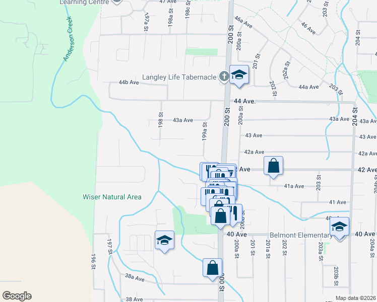 map of restaurants, bars, coffee shops, grocery stores, and more near 4324 43 Avenue in Langley