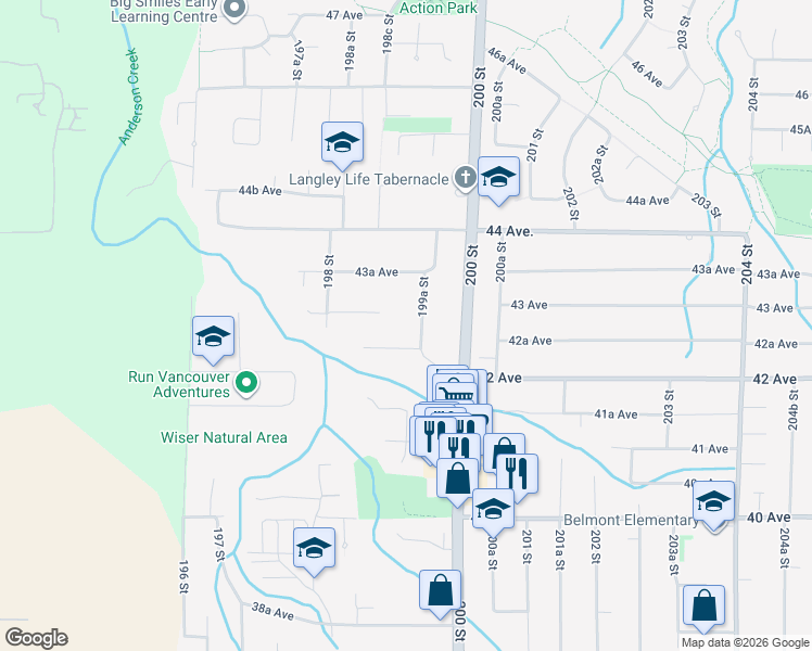 map of restaurants, bars, coffee shops, grocery stores, and more near 4257 199A Street in Langley