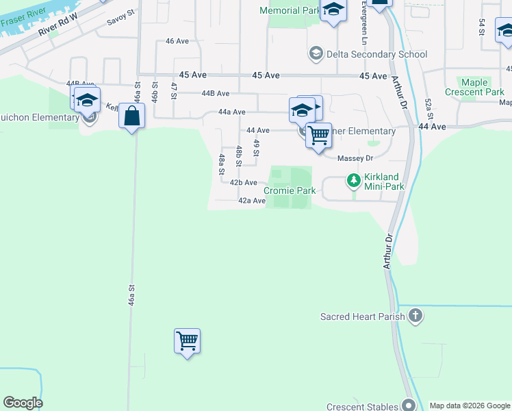 map of restaurants, bars, coffee shops, grocery stores, and more near 4884 42A Avenue in Delta