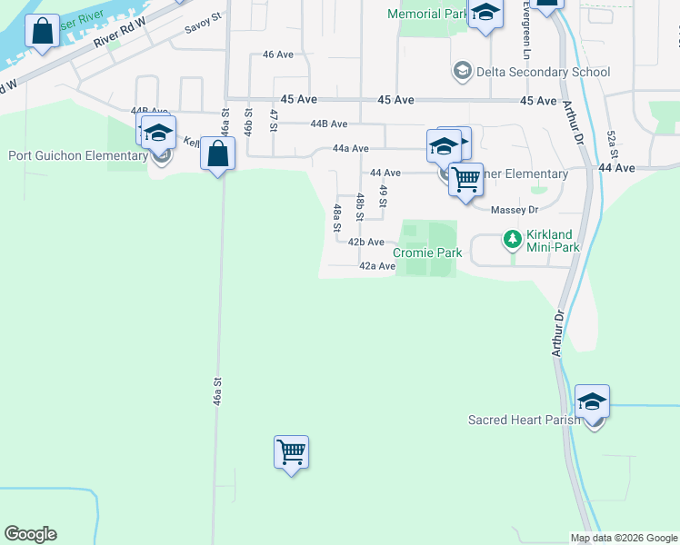 map of restaurants, bars, coffee shops, grocery stores, and more near 4816 42A Avenue in Delta
