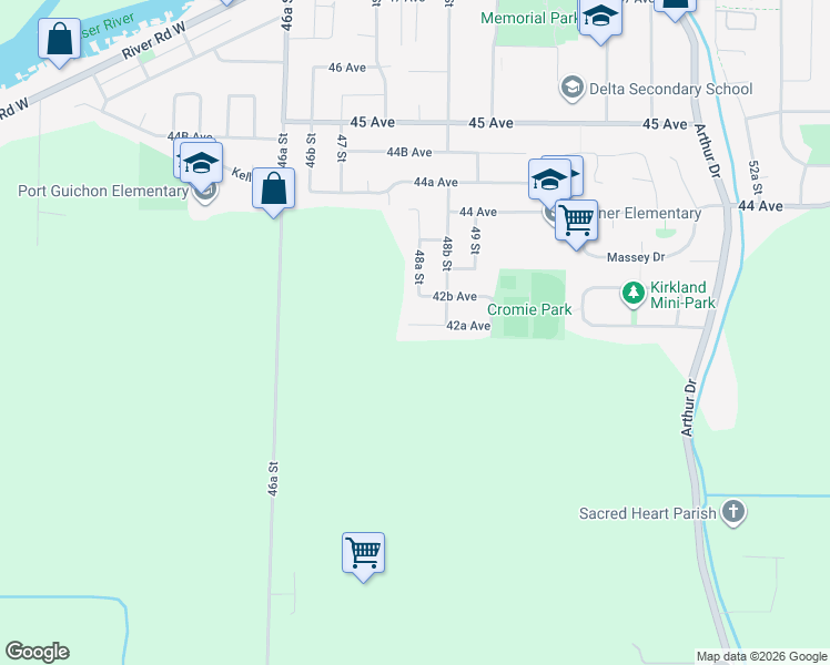 map of restaurants, bars, coffee shops, grocery stores, and more near 4810 42A Avenue in Delta