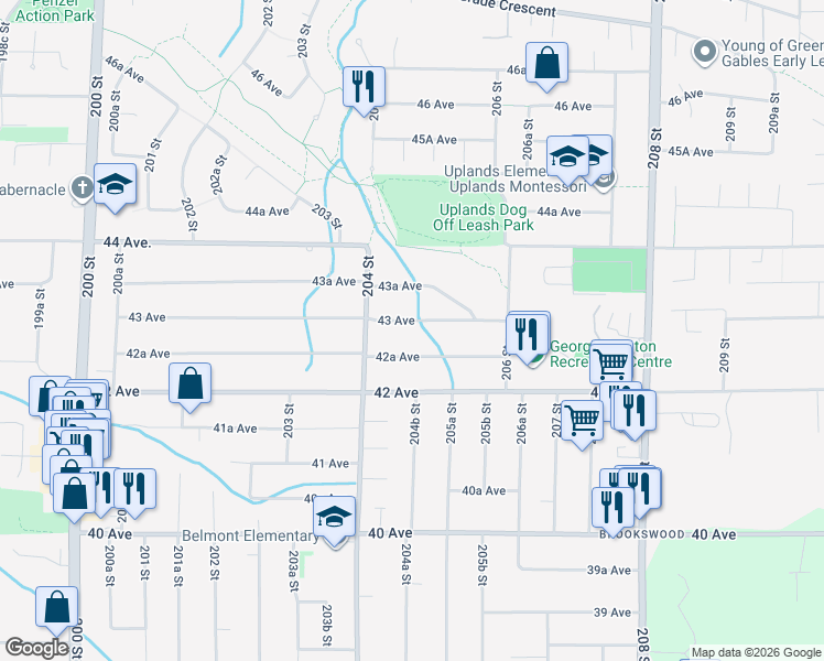 map of restaurants, bars, coffee shops, grocery stores, and more near 20468 43 Avenue in Langley