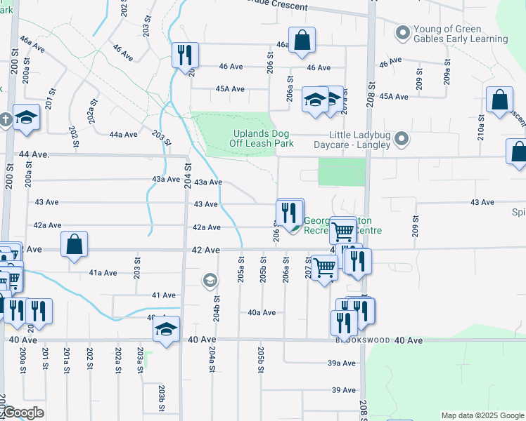 map of restaurants, bars, coffee shops, grocery stores, and more near 20572 43 Avenue in Langley