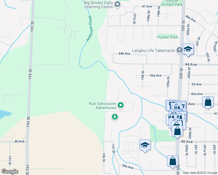 map of restaurants, bars, coffee shops, grocery stores, and more near 4278 196 Street in Langley