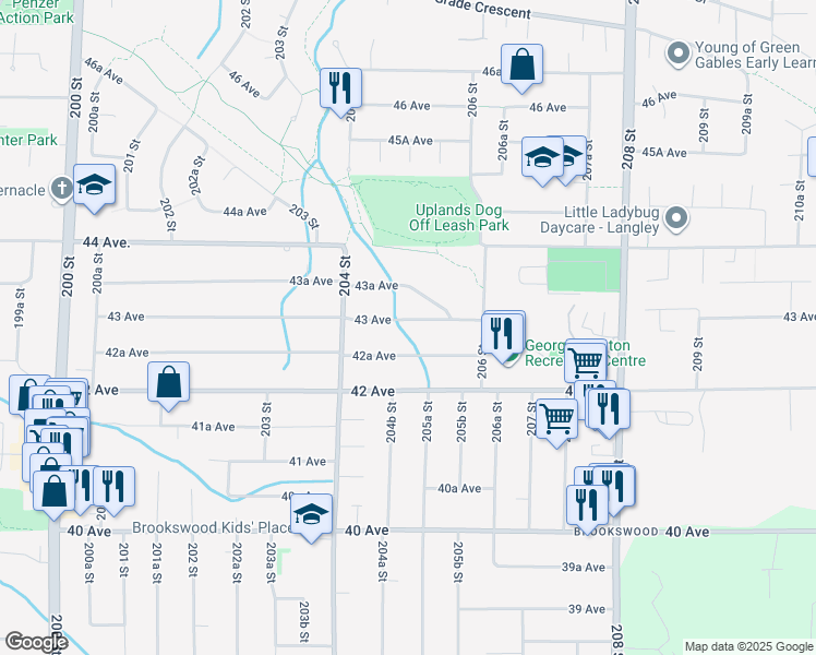 map of restaurants, bars, coffee shops, grocery stores, and more near 20492 43 Avenue in Langley