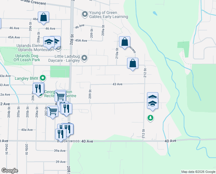 map of restaurants, bars, coffee shops, grocery stores, and more near 21004 43 Avenue in Langley