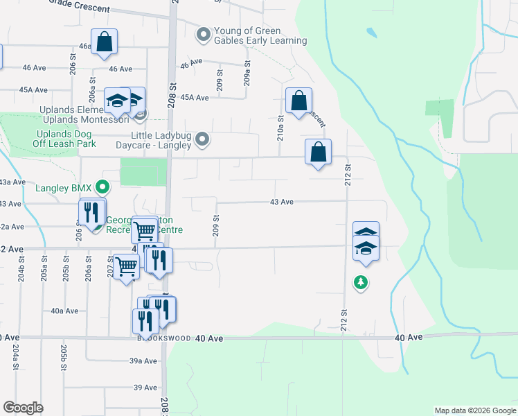 map of restaurants, bars, coffee shops, grocery stores, and more near 21004 43 Avenue in Langley