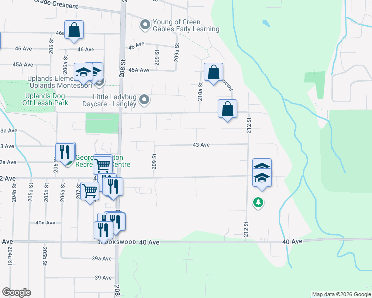 map of restaurants, bars, coffee shops, grocery stores, and more near 21004 43 Avenue in Langley
