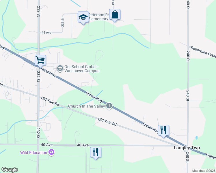 map of restaurants, bars, coffee shops, grocery stores, and more near 23589 Fraser Highway in Langley City