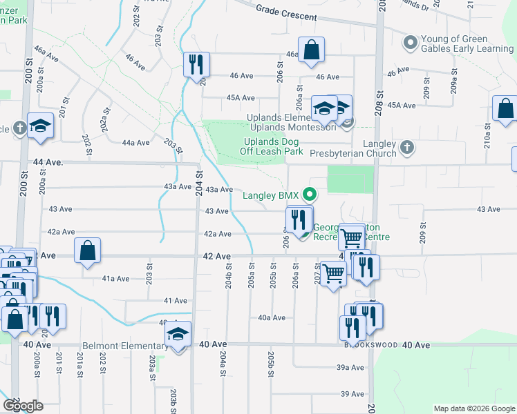 map of restaurants, bars, coffee shops, grocery stores, and more near 20554 43A Avenue in Langley