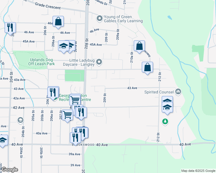 map of restaurants, bars, coffee shops, grocery stores, and more near 4302 209 Street in Langley