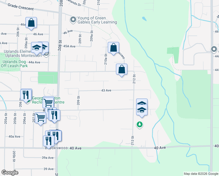 map of restaurants, bars, coffee shops, grocery stores, and more near 21073 43 Avenue in Langley