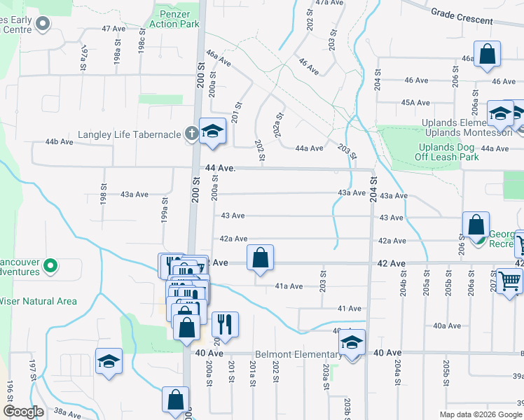 map of restaurants, bars, coffee shops, grocery stores, and more near 20157 43 Avenue in Langley