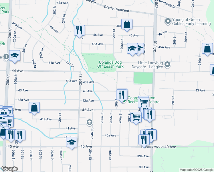 map of restaurants, bars, coffee shops, grocery stores, and more near 20553 43A Avenue in Langley