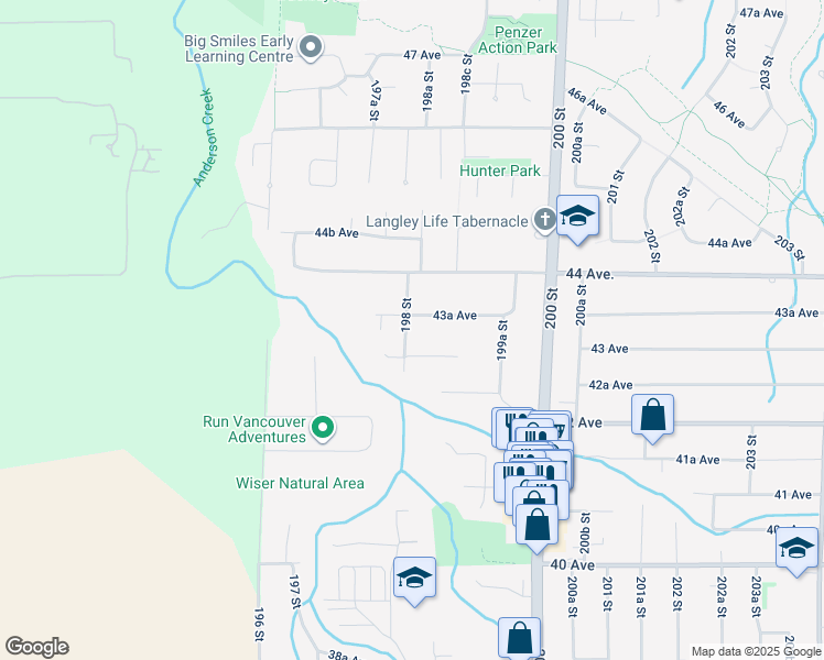 map of restaurants, bars, coffee shops, grocery stores, and more near 4324 198 Street in Langley