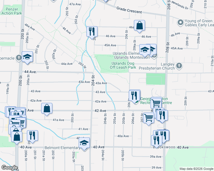 map of restaurants, bars, coffee shops, grocery stores, and more near 20474 43A Avenue in Langley