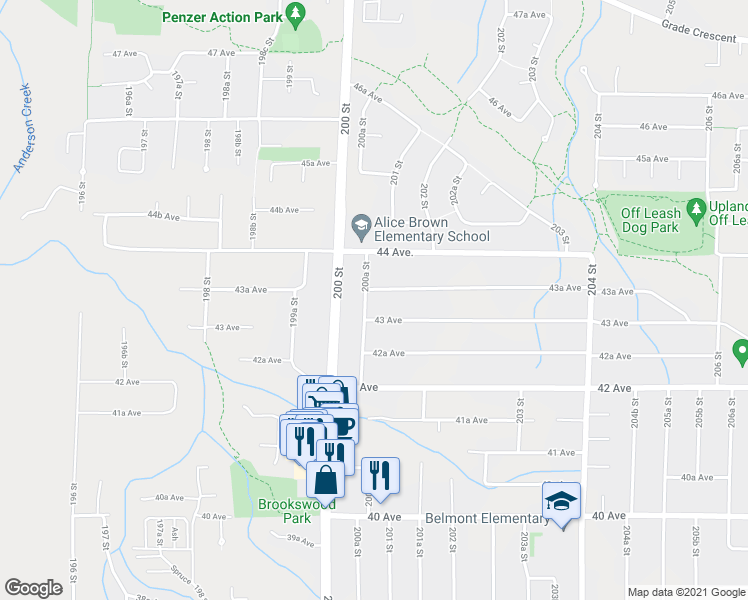 map of restaurants, bars, coffee shops, grocery stores, and more near 20060 43A Avenue in Langley City