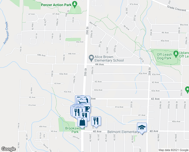 map of restaurants, bars, coffee shops, grocery stores, and more near 20060 43A Avenue in Langley