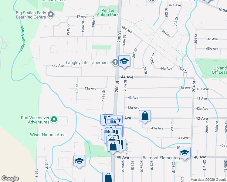 map of restaurants, bars, coffee shops, grocery stores, and more near 4323 200 Street in Langley