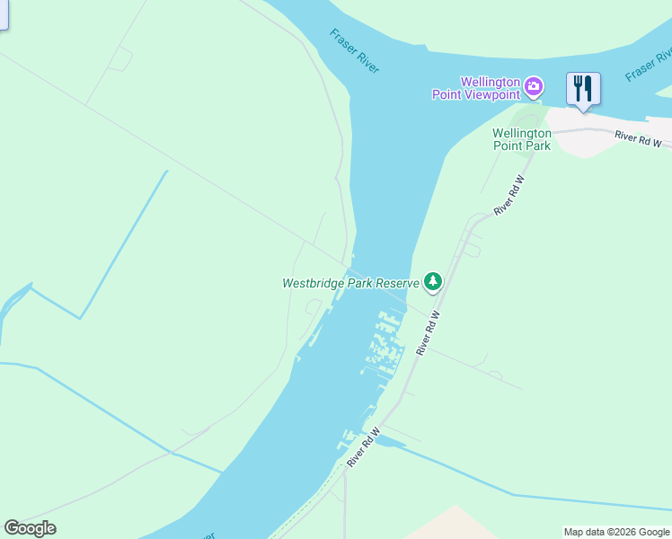 map of restaurants, bars, coffee shops, grocery stores, and more near 3350 Westham Island Road in Delta