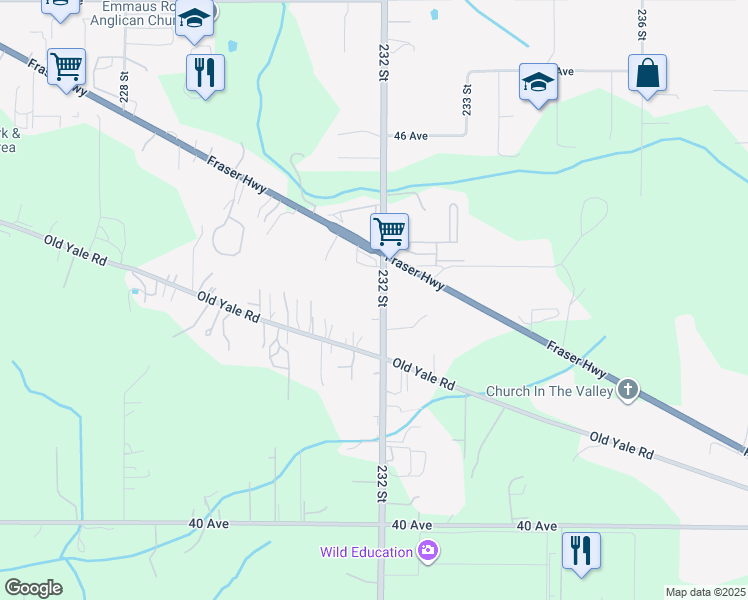 map of restaurants, bars, coffee shops, grocery stores, and more near 4347 232 Street in Langley Township