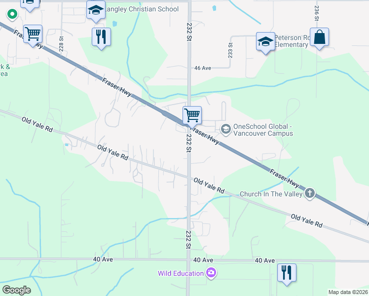 map of restaurants, bars, coffee shops, grocery stores, and more near 4347 232 Street in Langley Township