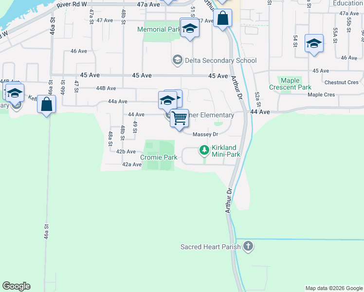map of restaurants, bars, coffee shops, grocery stores, and more near 5055 Whitworth Crescent South in Delta