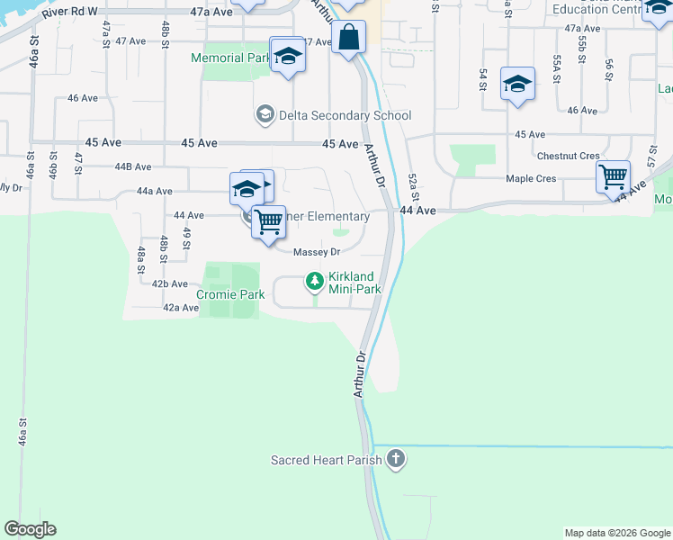 map of restaurants, bars, coffee shops, grocery stores, and more near 5137 Whitworth Crescent North in Delta