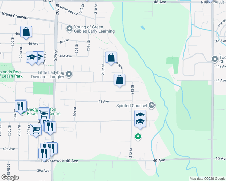 map of restaurants, bars, coffee shops, grocery stores, and more near 21107 43A Avenue in Langley