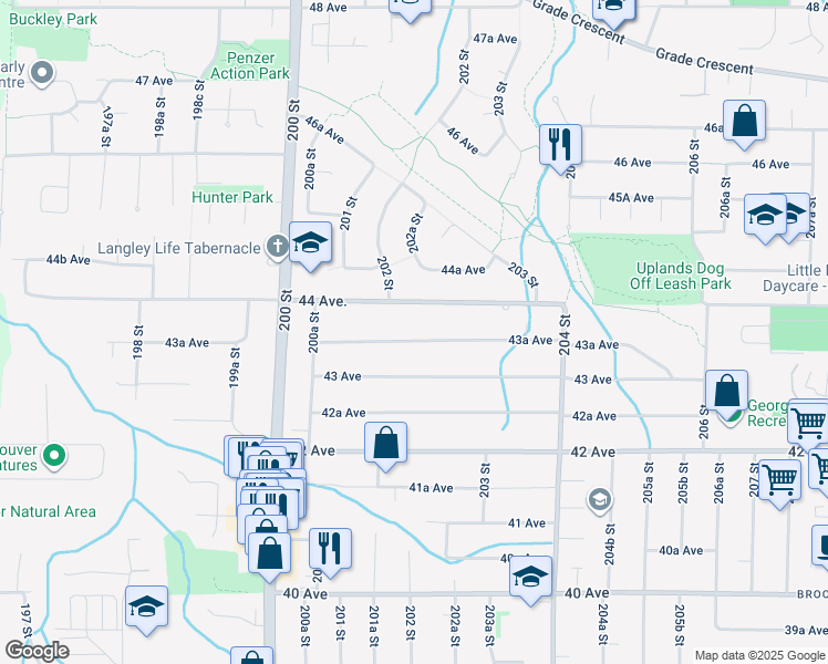 map of restaurants, bars, coffee shops, grocery stores, and more near 20193 43A Avenue in Langley