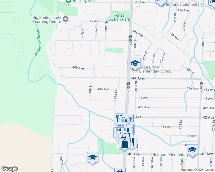 map of restaurants, bars, coffee shops, grocery stores, and more near 19891 43A Avenue in Langley