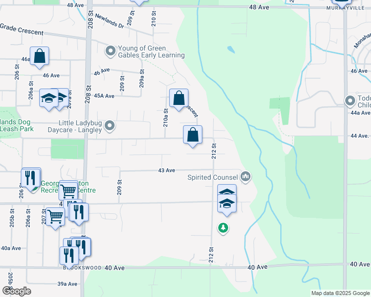 map of restaurants, bars, coffee shops, grocery stores, and more near 21115 43A Avenue in Langley
