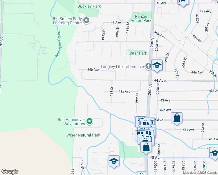 map of restaurants, bars, coffee shops, grocery stores, and more near 4367 198 Street in Langley