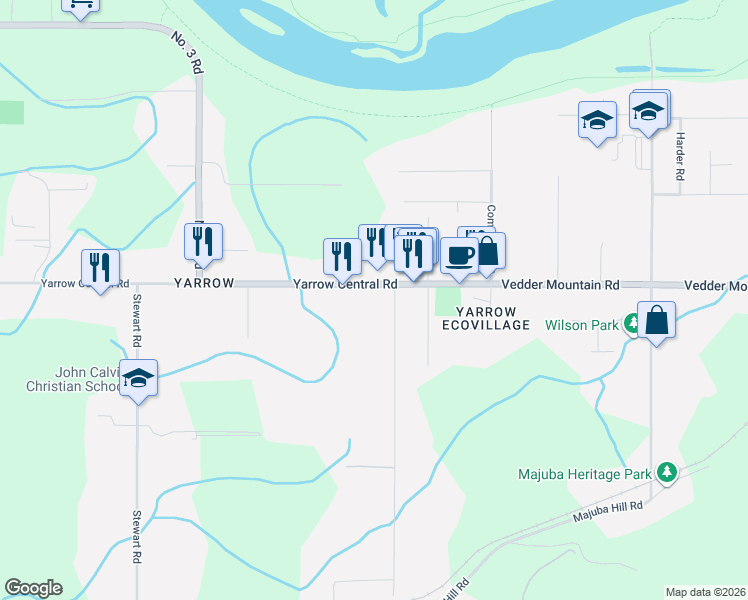 map of restaurants, bars, coffee shops, grocery stores, and more near 42170 Yarrow Central Road in Chilliwack