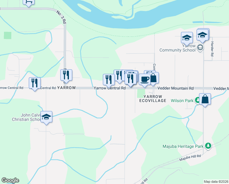 map of restaurants, bars, coffee shops, grocery stores, and more near 42159 Yarrow Central Road in Chilliwack