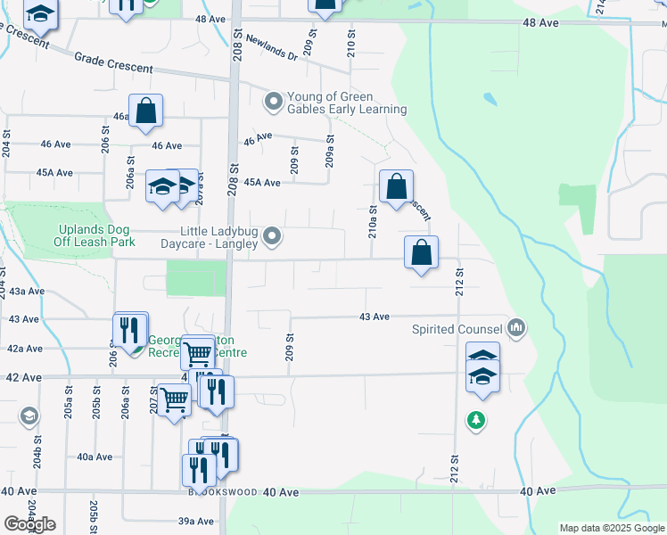 map of restaurants, bars, coffee shops, grocery stores, and more near 20974 44 Avenue in Langley