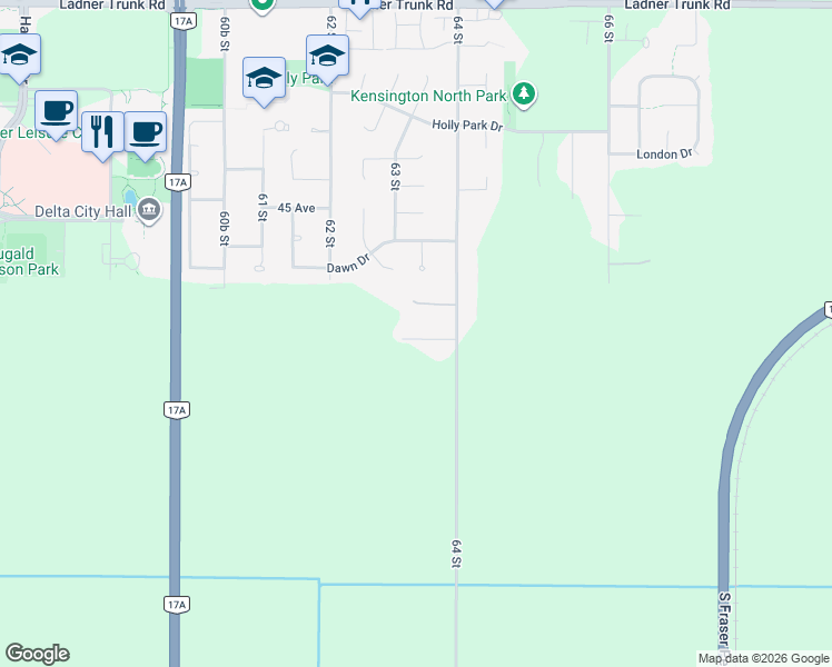 map of restaurants, bars, coffee shops, grocery stores, and more near 6341 43A Avenue in Delta