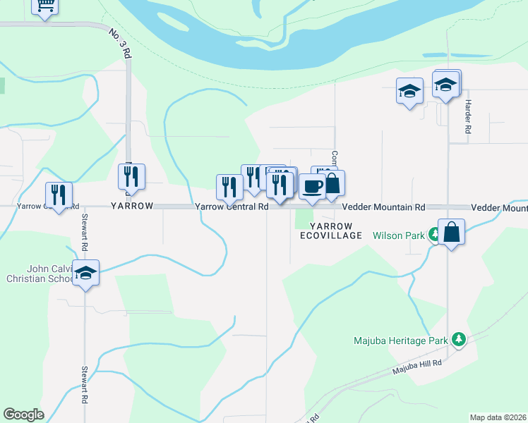 map of restaurants, bars, coffee shops, grocery stores, and more near 42192 Yarrow Central Road in Chilliwack