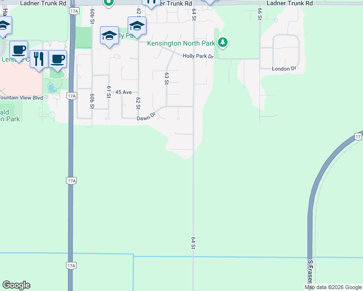 map of restaurants, bars, coffee shops, grocery stores, and more near 6361 43A Avenue in Delta