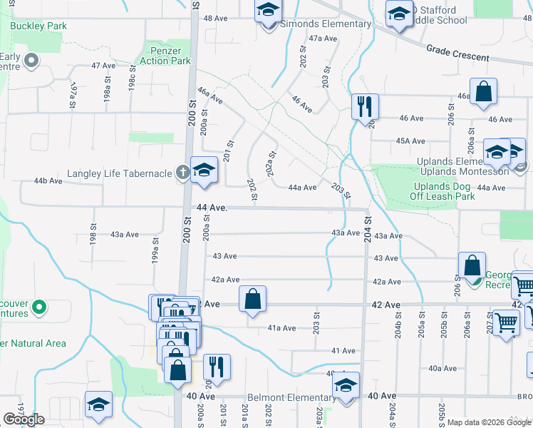 map of restaurants, bars, coffee shops, grocery stores, and more near 20186 44 Avenue in Langley
