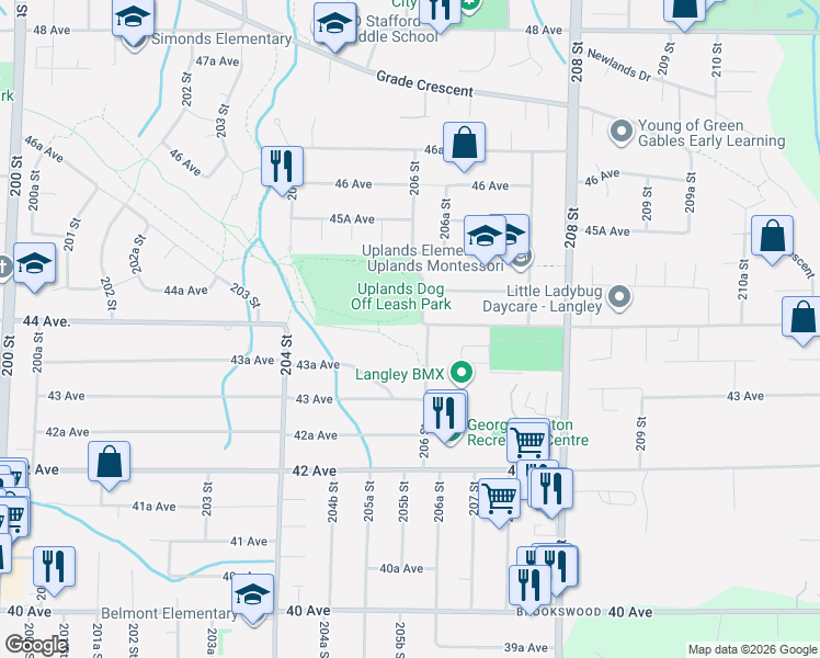 map of restaurants, bars, coffee shops, grocery stores, and more near 4393 206 Street in Langley Township