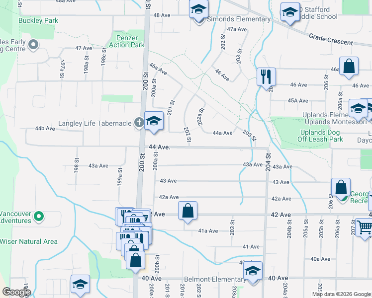 map of restaurants, bars, coffee shops, grocery stores, and more near 20140 44 Avenue in Langley City