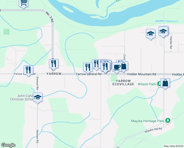 map of restaurants, bars, coffee shops, grocery stores, and more near 42159 Yarrow Central Road in Chilliwack