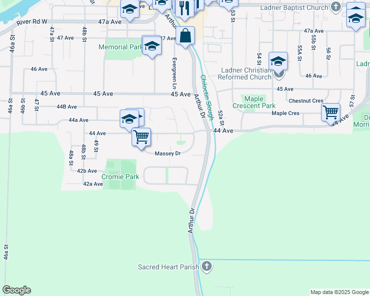 map of restaurants, bars, coffee shops, grocery stores, and more near 5185 Massey Drive in Delta